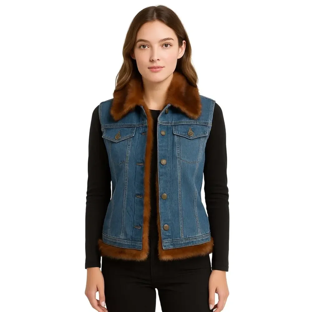 Vintage Fuda Sport Denim Vest with Faux Fur Trim – Size Large NWOT